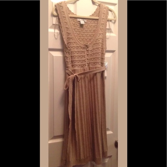 Gorgeous NWT Crochet Tan/Gold Metallic Belted Dress Sz L - Picture 2 of 4